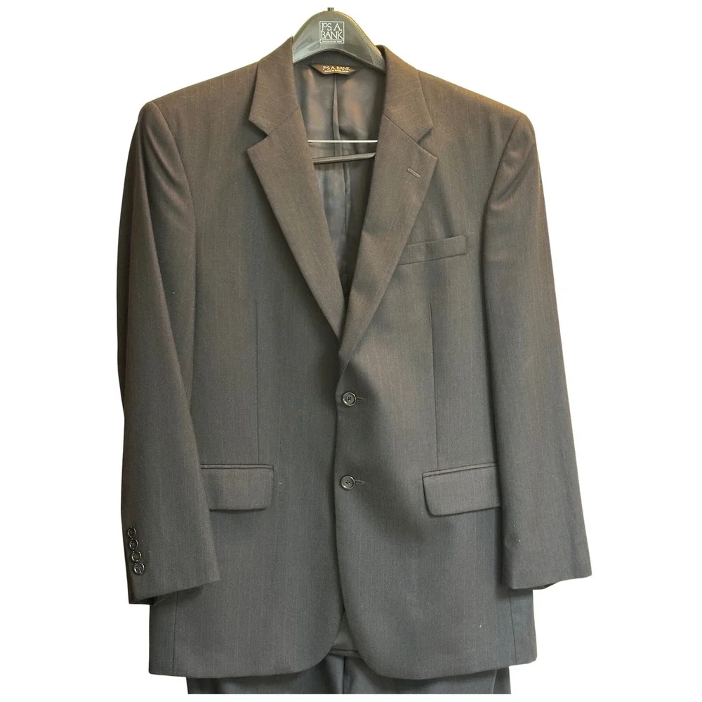 Jos. A. Bank Mens‎ 41R Wool Pinstripe 2-Piece Suit Black Charcoal Pleated 35x30